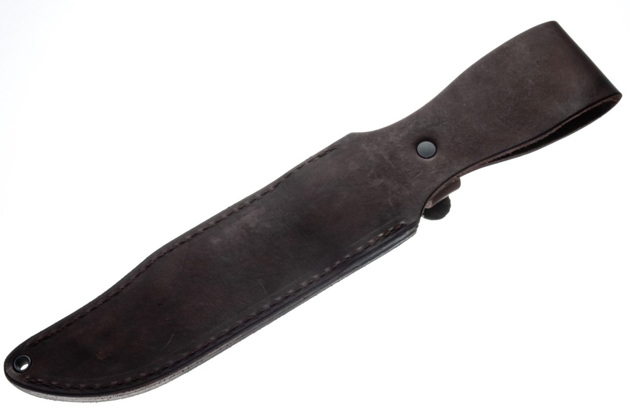 The standard MK2 leather sheath, back, showing the belt loop and snap